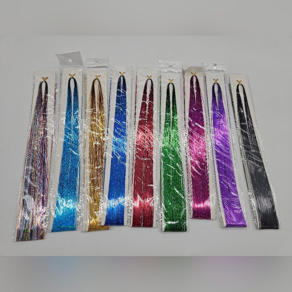 9 Metallic Hair Tinsel Strips - Assorted Colors - Fairy Hair